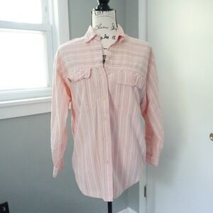 VTG ILUO Women M Shirt Cotton Striped Long Sleeve Button‎ Up Pocket Western Pink
